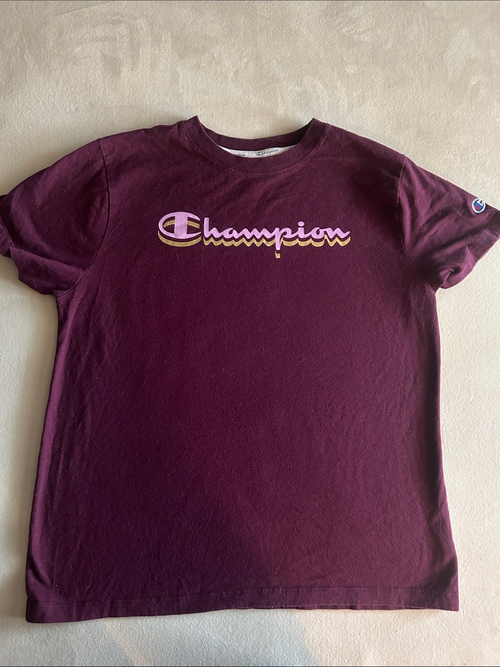 Champion Kids Short-Sleeve Tee in Deep Burgundy with Yellow-Lilac Logo